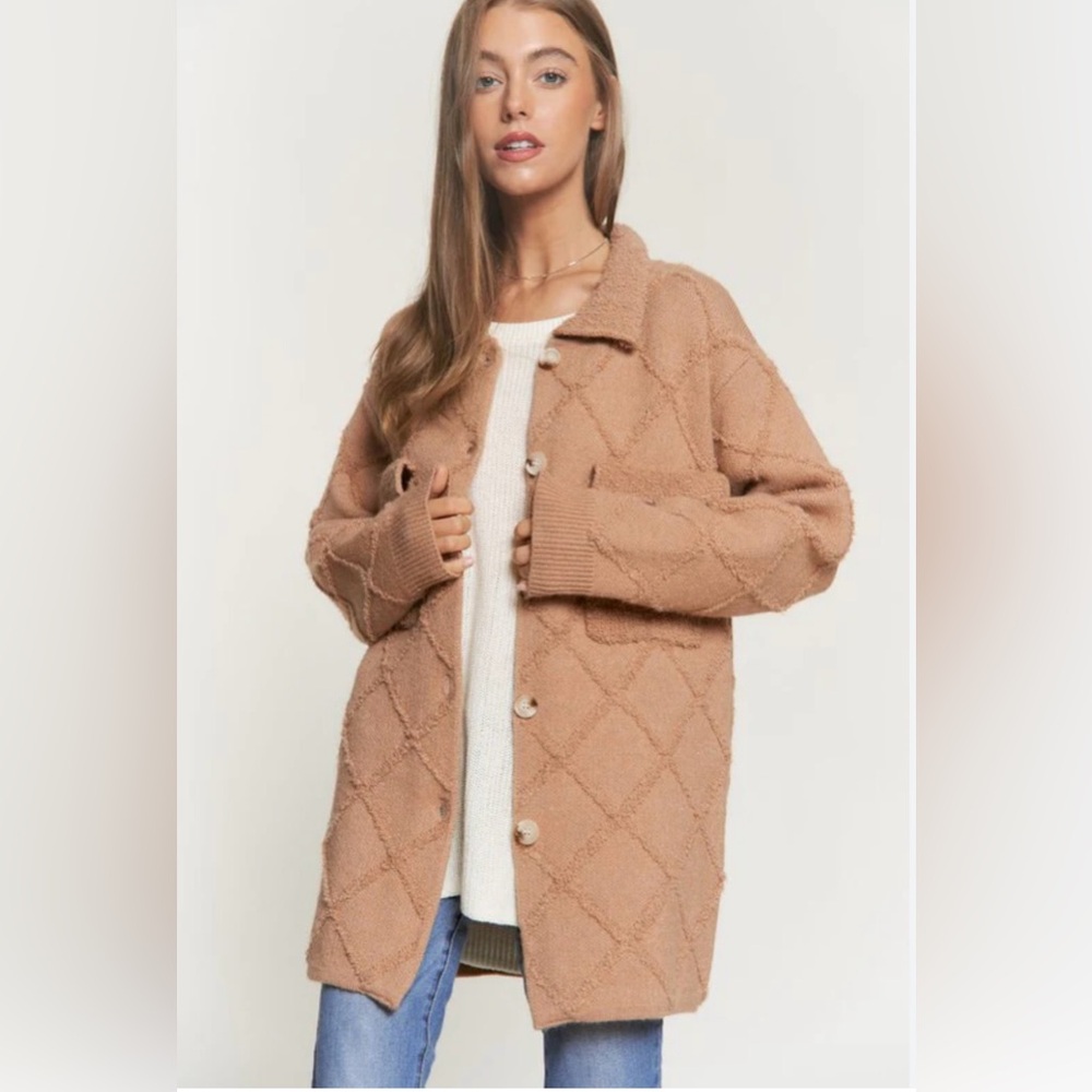Hem & Thread Textured Cardigan Jacket Small Tan NWT